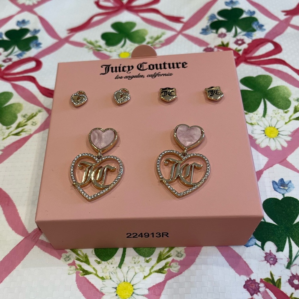 Juicy Couture Set of 3 Earrings (JC Hearts, Shields and Keyholes) New in Box - Picture 2 of 16